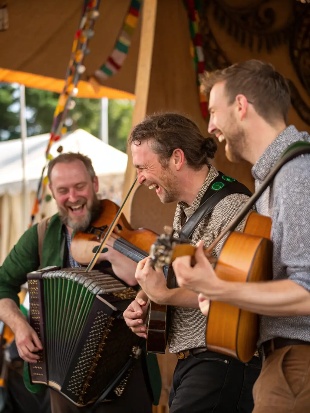 A group of musicians playing traditional Irish instruments in a lively pub setting, showcasing the energy and camaraderie of a traditional Irish music session.