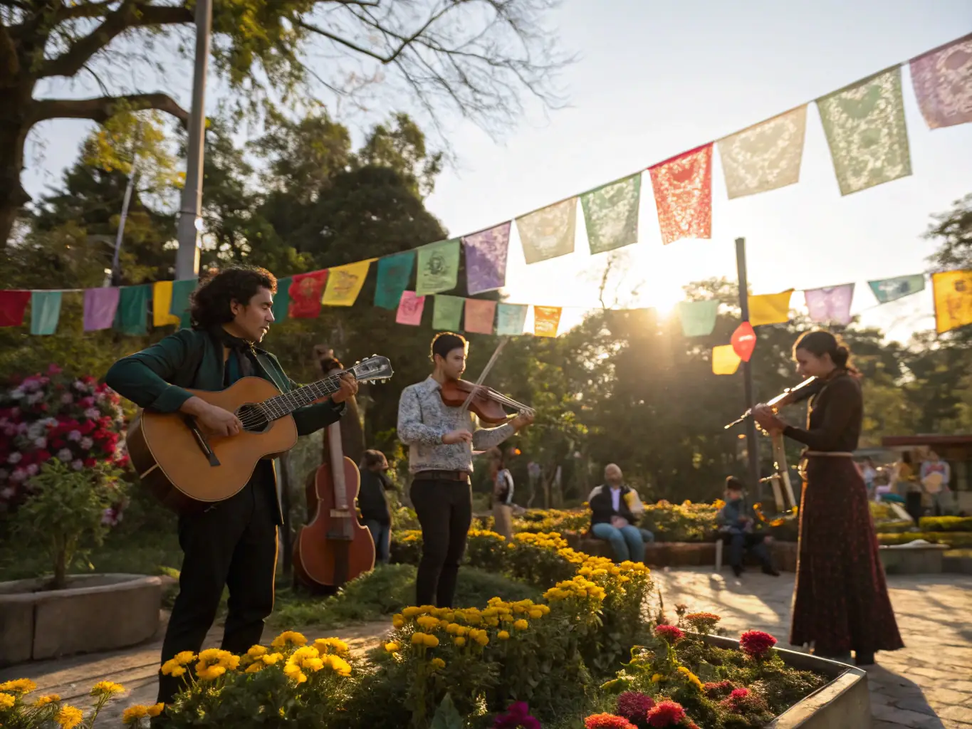 A group of people of different ages and backgrounds participating in a community music event, highlighting the inclusive nature of the organization's activities.
