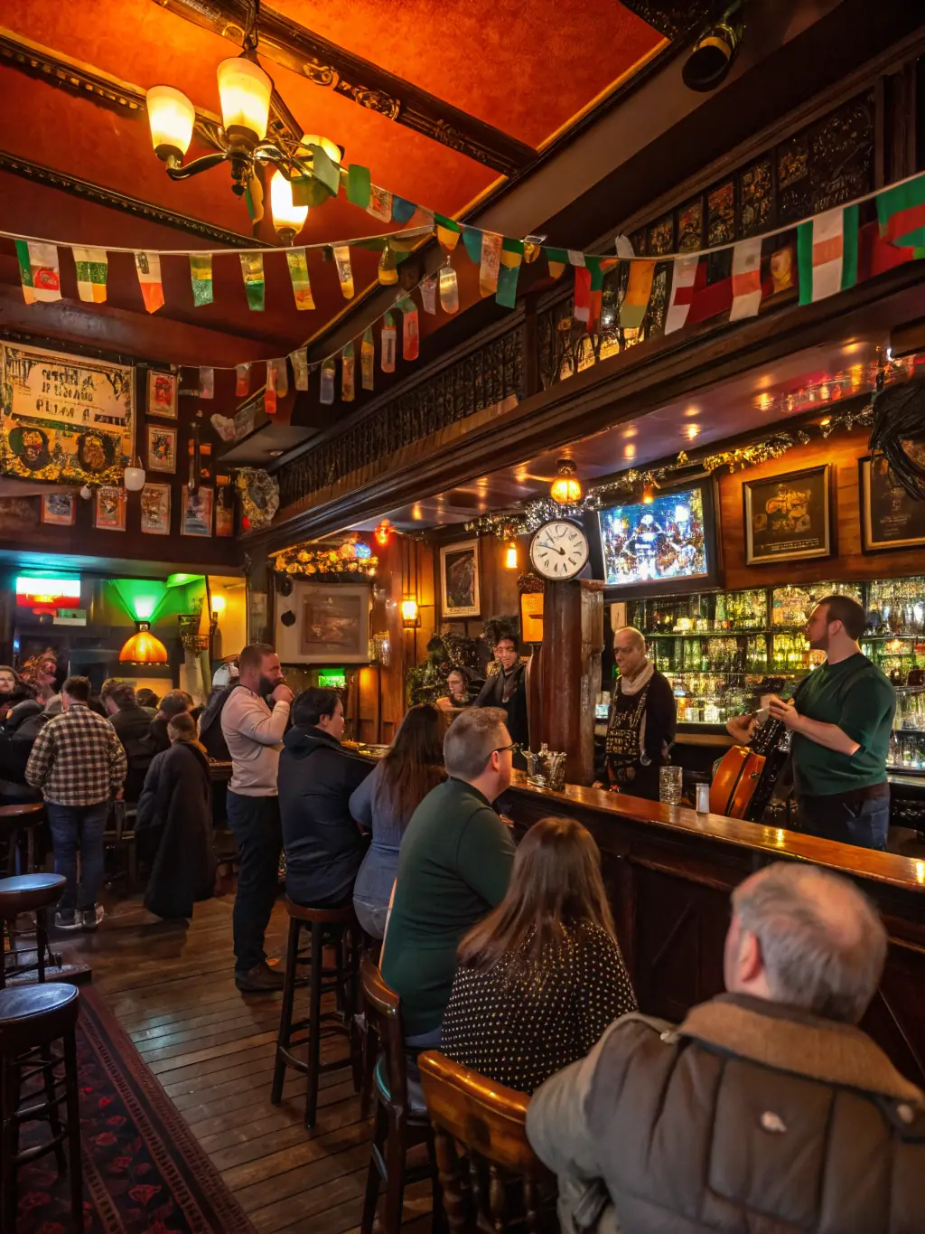 A lively scene from a traditional Irish music session in a cozy pub, with musicians playing various instruments and people enjoying the music.