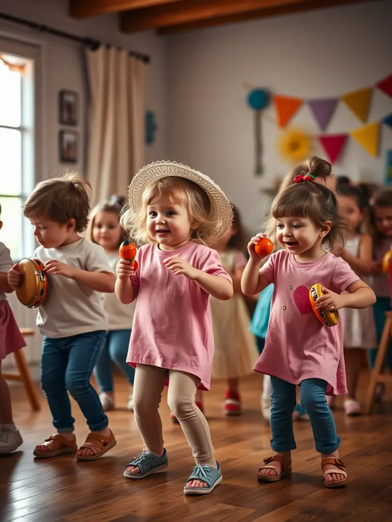 Children engaged in a music education program, playing percussion instruments and singing Irish folk songs. The atmosphere is joyful and engaging.