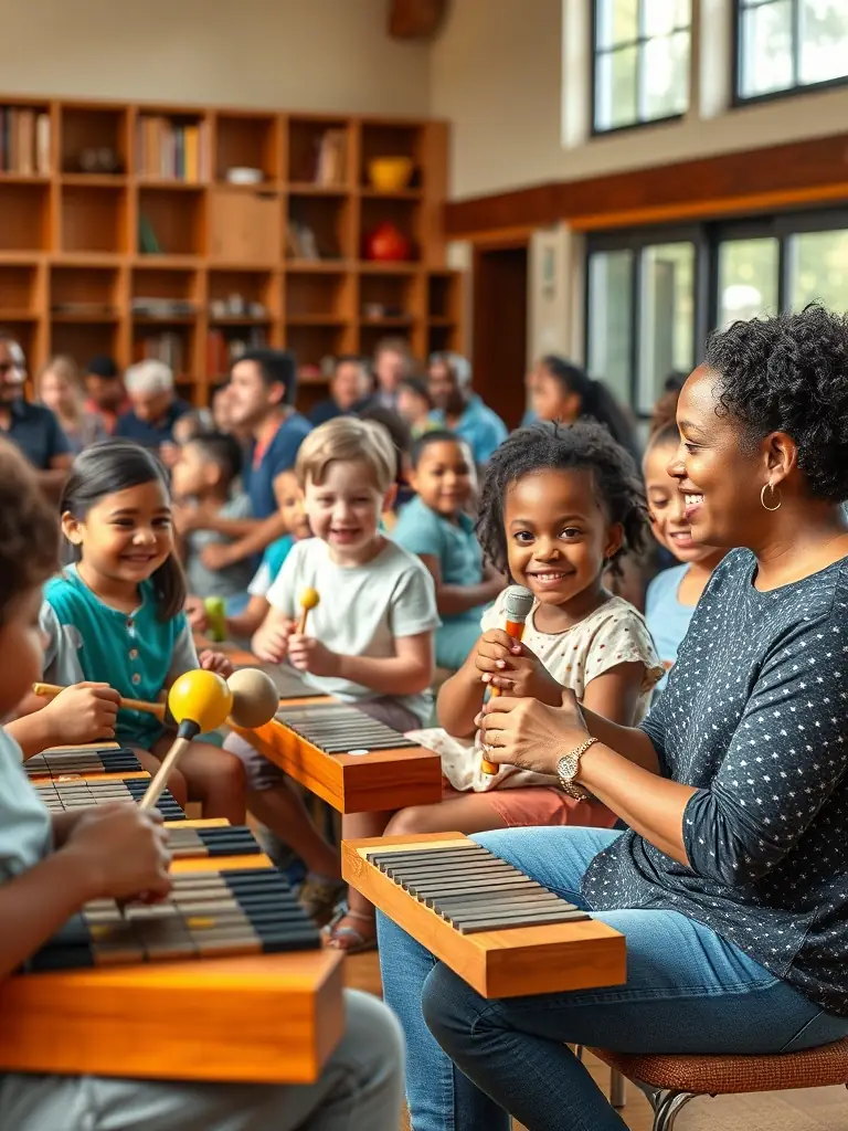 A group of musicians participating in a traditional Irish music workshop, focusing on learning the tin whistle. The setting is a bright, welcoming community hall.