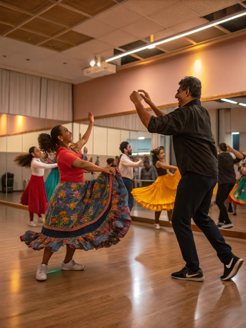 A diverse group of people participating in an Irish dance workshop, learning traditional steps and movements from an experienced instructor.