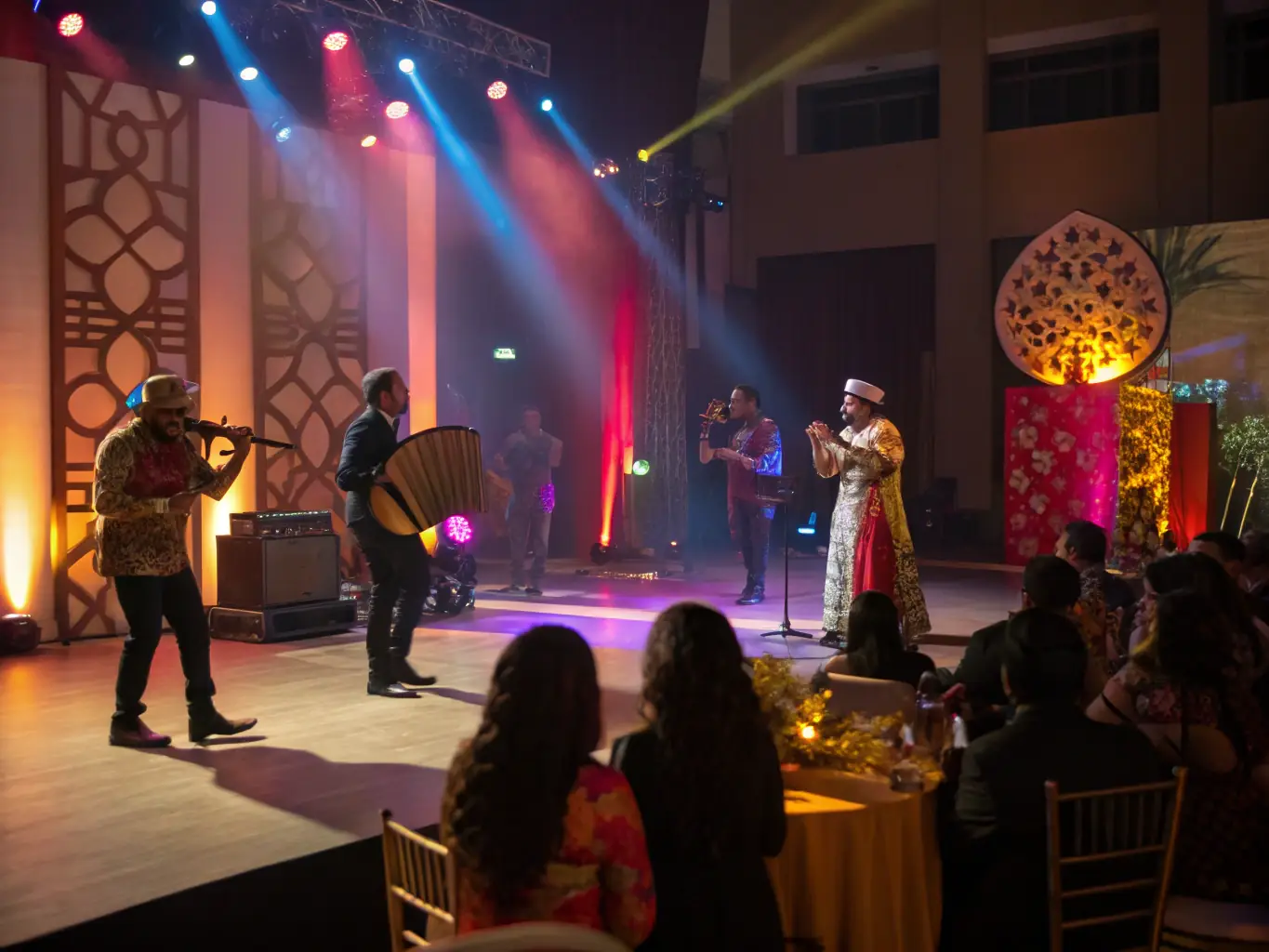 A vibrant scene from a traditional Irish music concert, capturing the energy and cultural richness of the performance.