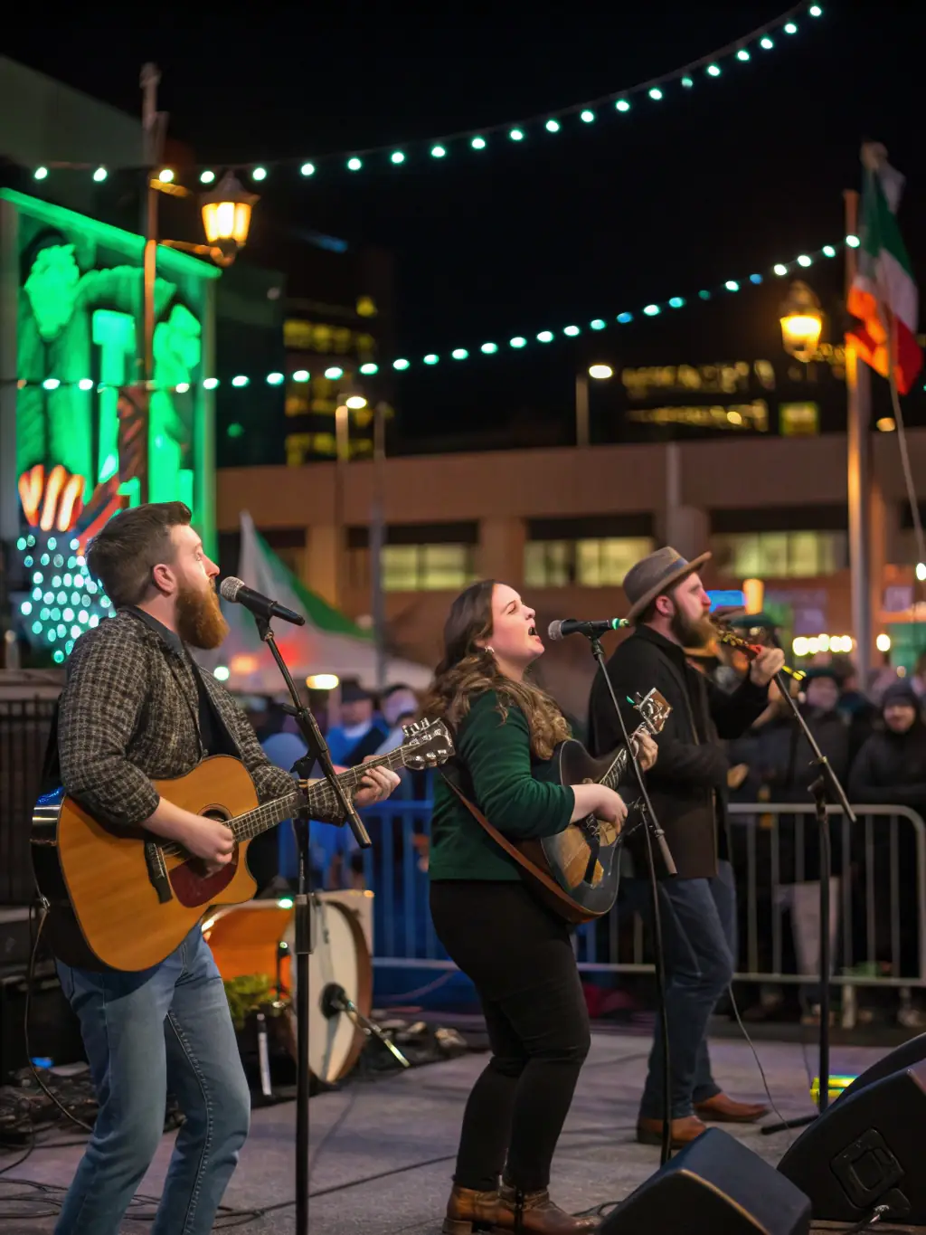 A scene from a concert featuring IRISH POITIN MUSIQUE TRADITIONNELLE IRLANDAISE, with musicians on stage and an appreciative audience enjoying the performance.