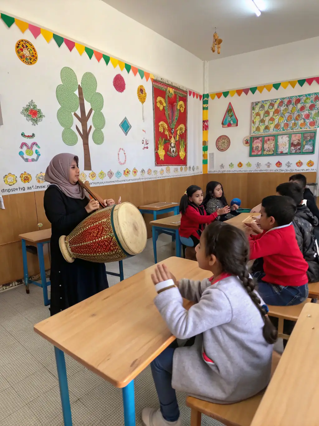 A classroom setting with children learning to play traditional Irish instruments, guided by experienced instructors.