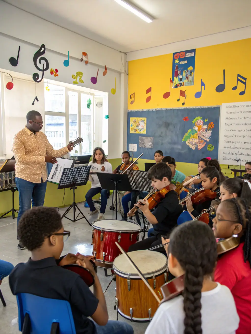 A classroom setting where children are learning to play traditional Irish instruments, guided by experienced music teachers.