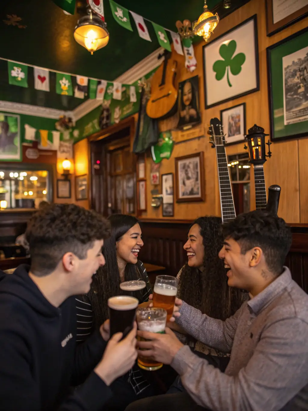 A group of musicians playing traditional Irish instruments in a lively pub setting, showcasing the energy and camaraderie of a traditional Irish music session.