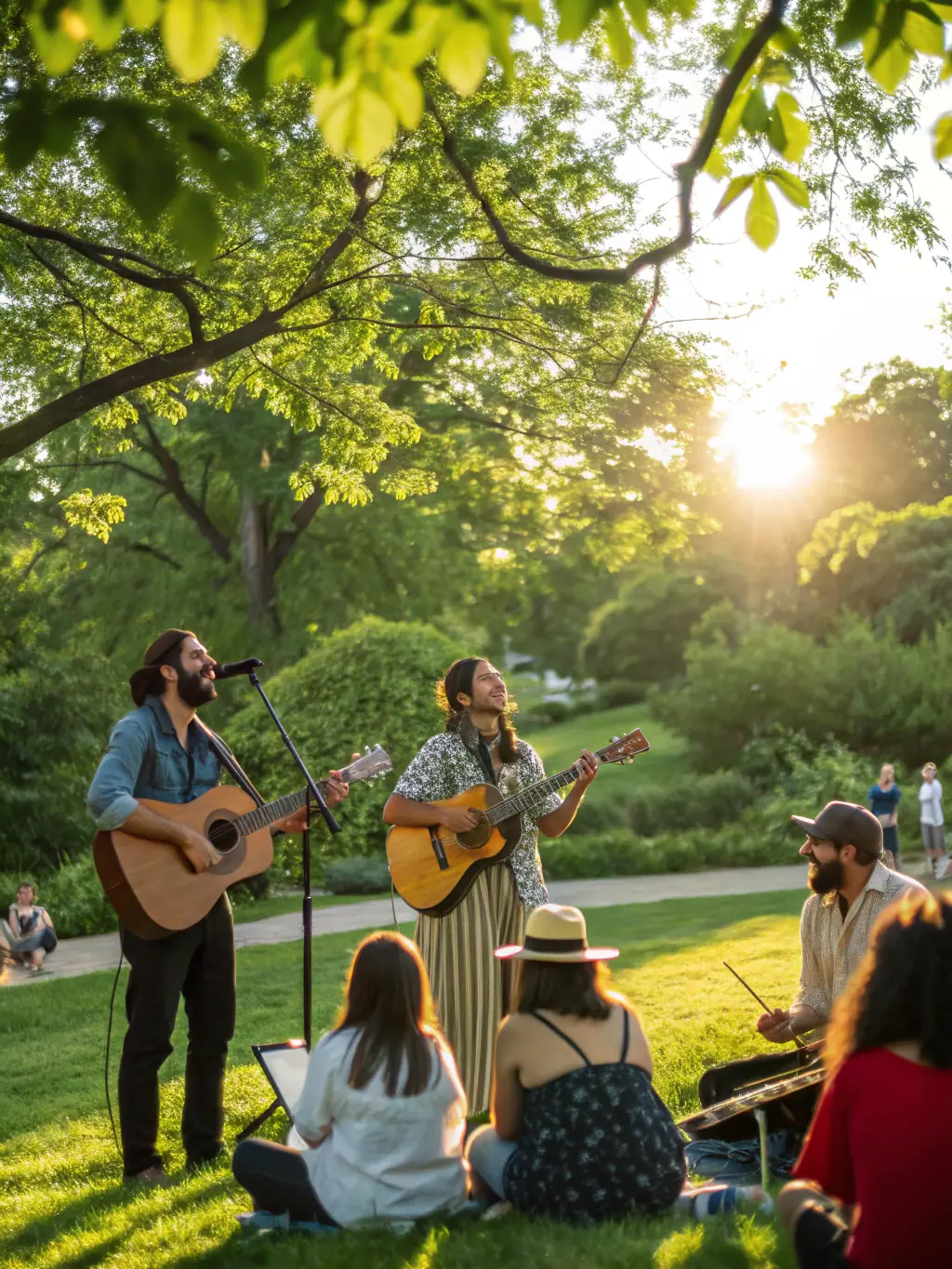 A group of musicians participating in a cultural exchange program, collaborating with musicians from another country.